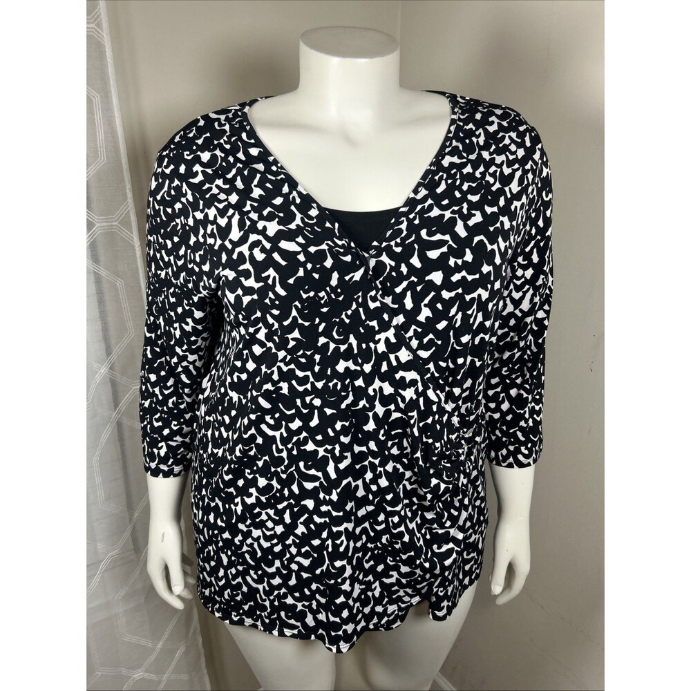George Top 2X Black White Abstract‎ Faux Wrap Career Casual Workwear Classic